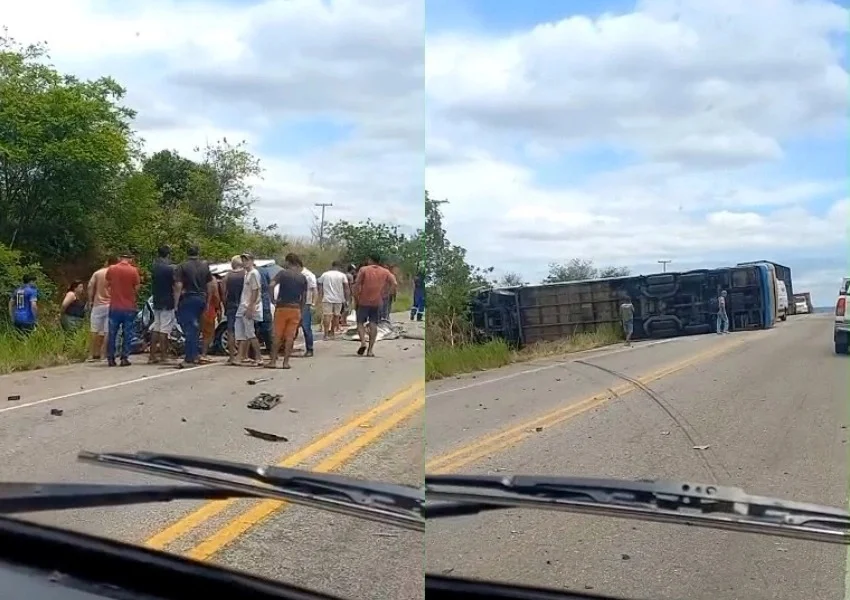 Ônibus da Novo Horizonte tomba após batida com carro e mulher morre em trecho de Caraíbas