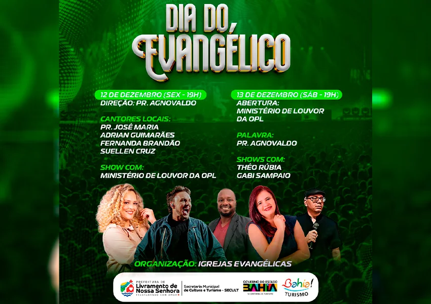 Dia do Evangélico terá dois dias de apresentações musicais em Livramento de Nossa Senhora