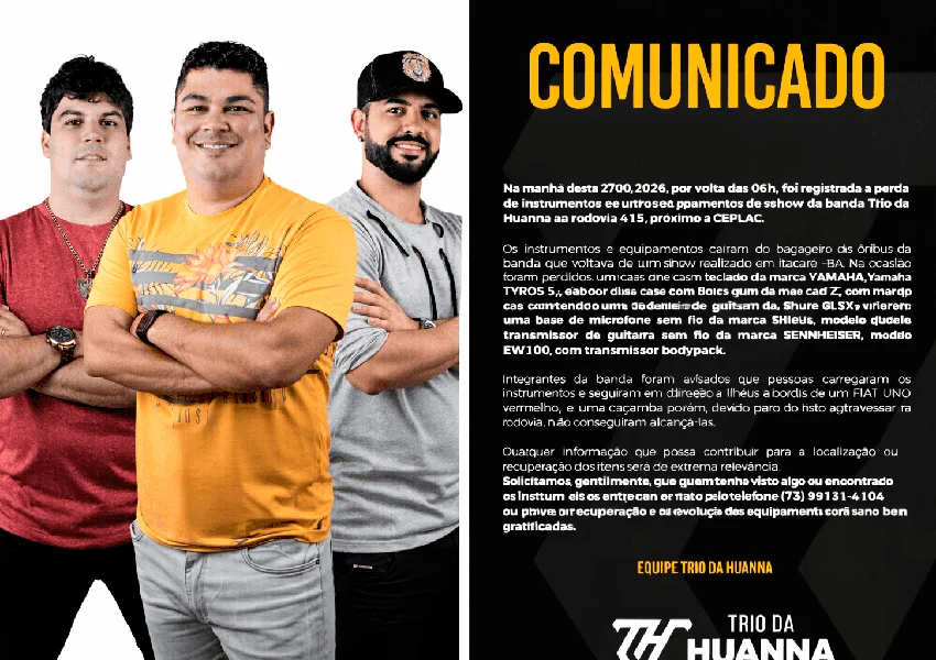 Banda Trio da Huanna perde instrumentos após bagageiro de ônibus se abrir em rodovia da Bahia