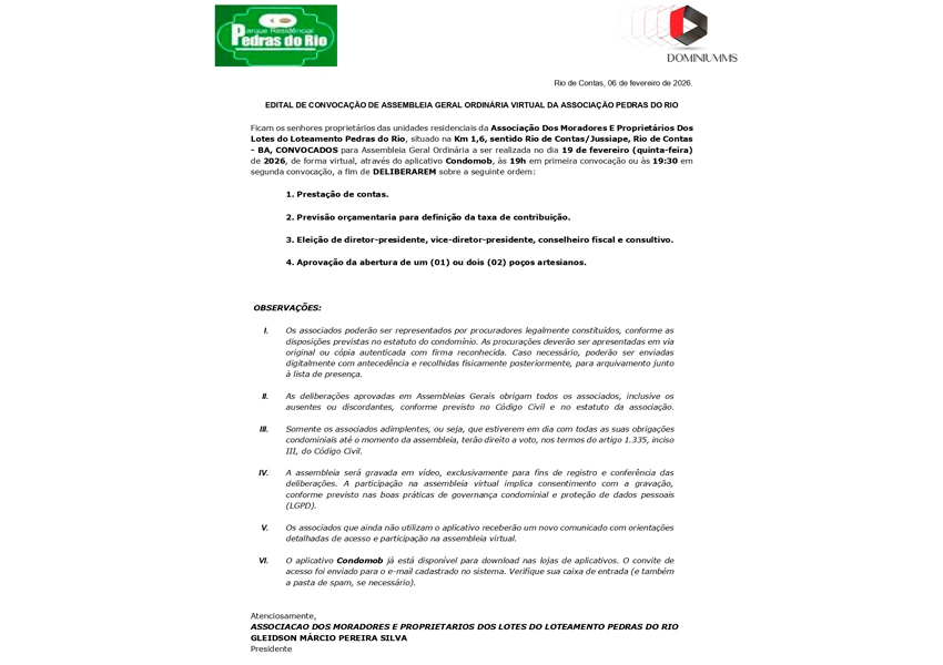 Proprietários dos Lotes do Condomínio Pedras do Rio são convocados para Assembleia Geral Virtual