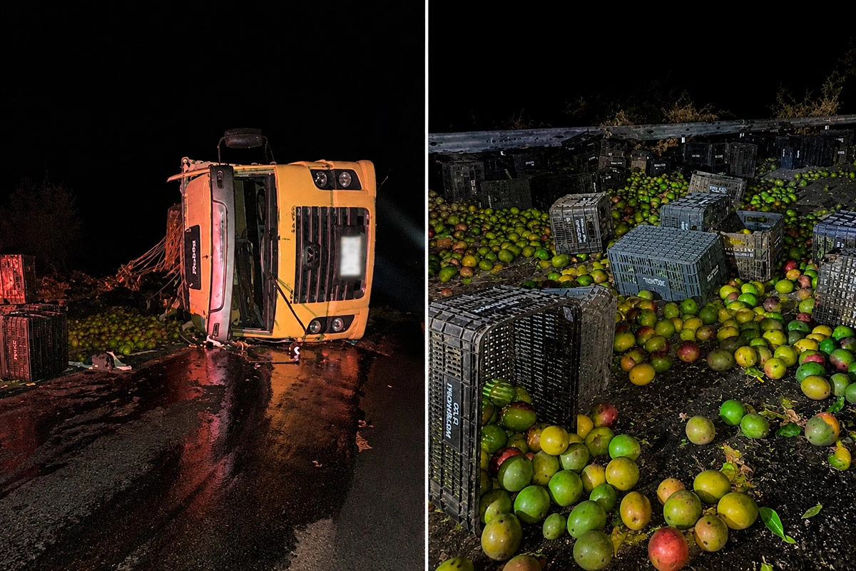 Caminhão carregado de mangas que saiu de Livramento tomba na “Curva da Morte” em Guanambi