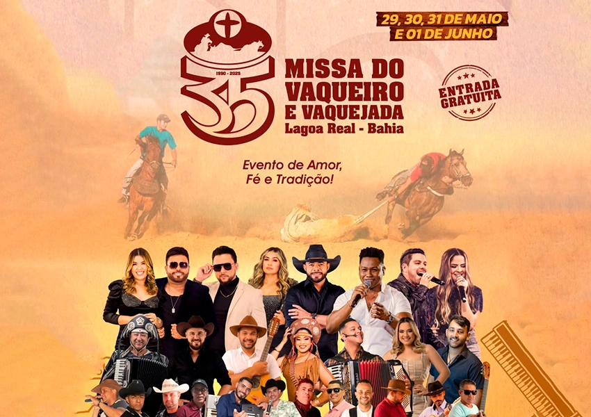 Lagoa Real divulga programação completa da 35ª Missa do Vaqueiro e Vaquejada; evento começa dia 29 de maio