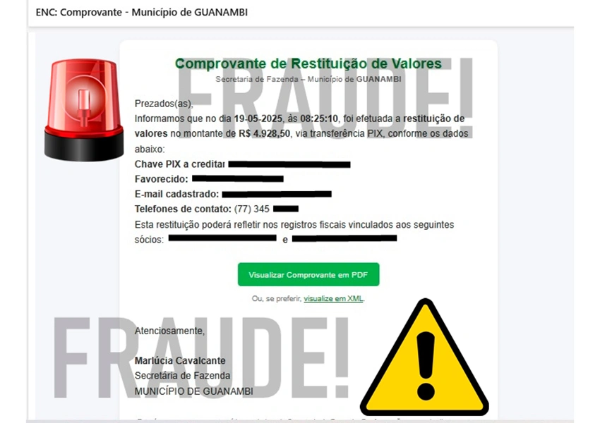 Secretaria da Fazenda de Guanambi alerta para golpe com falso comprovante de restituição