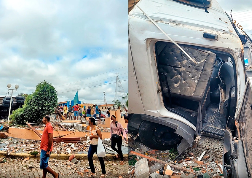 Caminhão desgovernado invade praça e causa destruição no centro de Malhada de Pedras